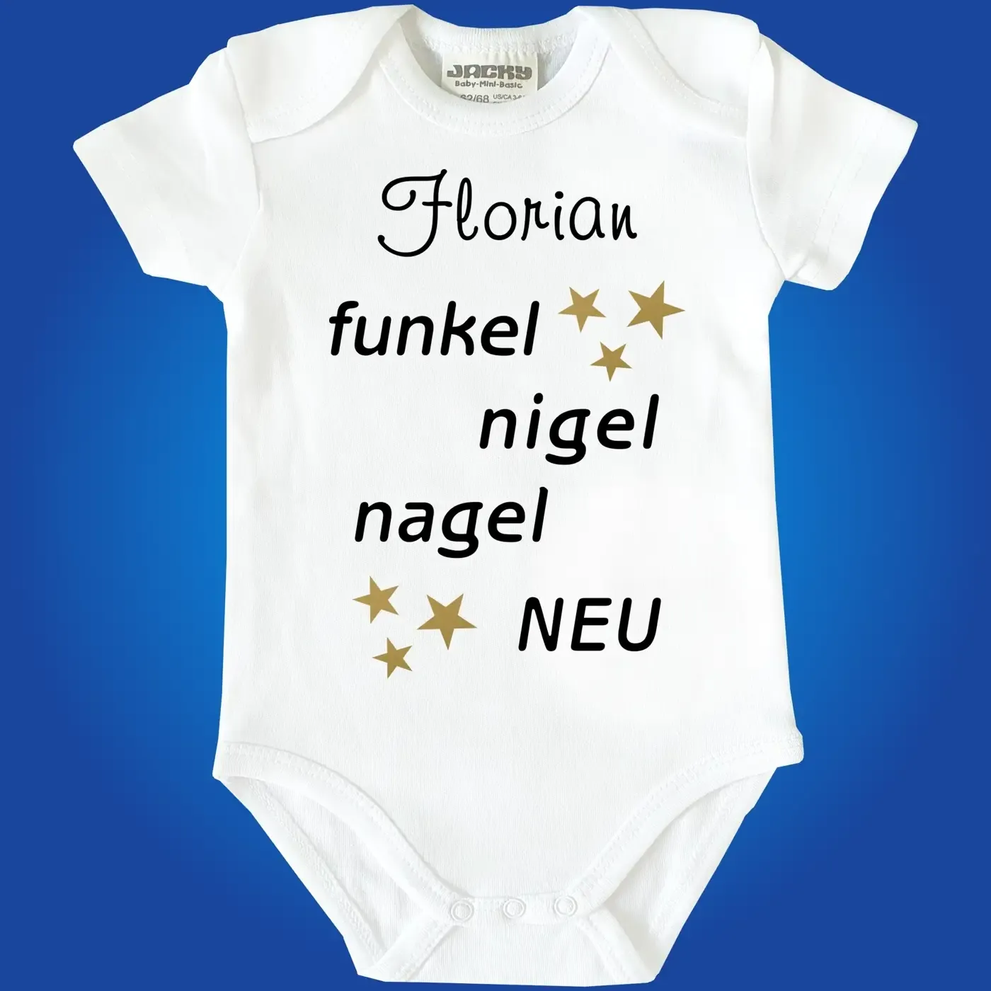 Baby‑Body mit Spruch „Funkel‑Nigelnagelneu“ und Wunschname