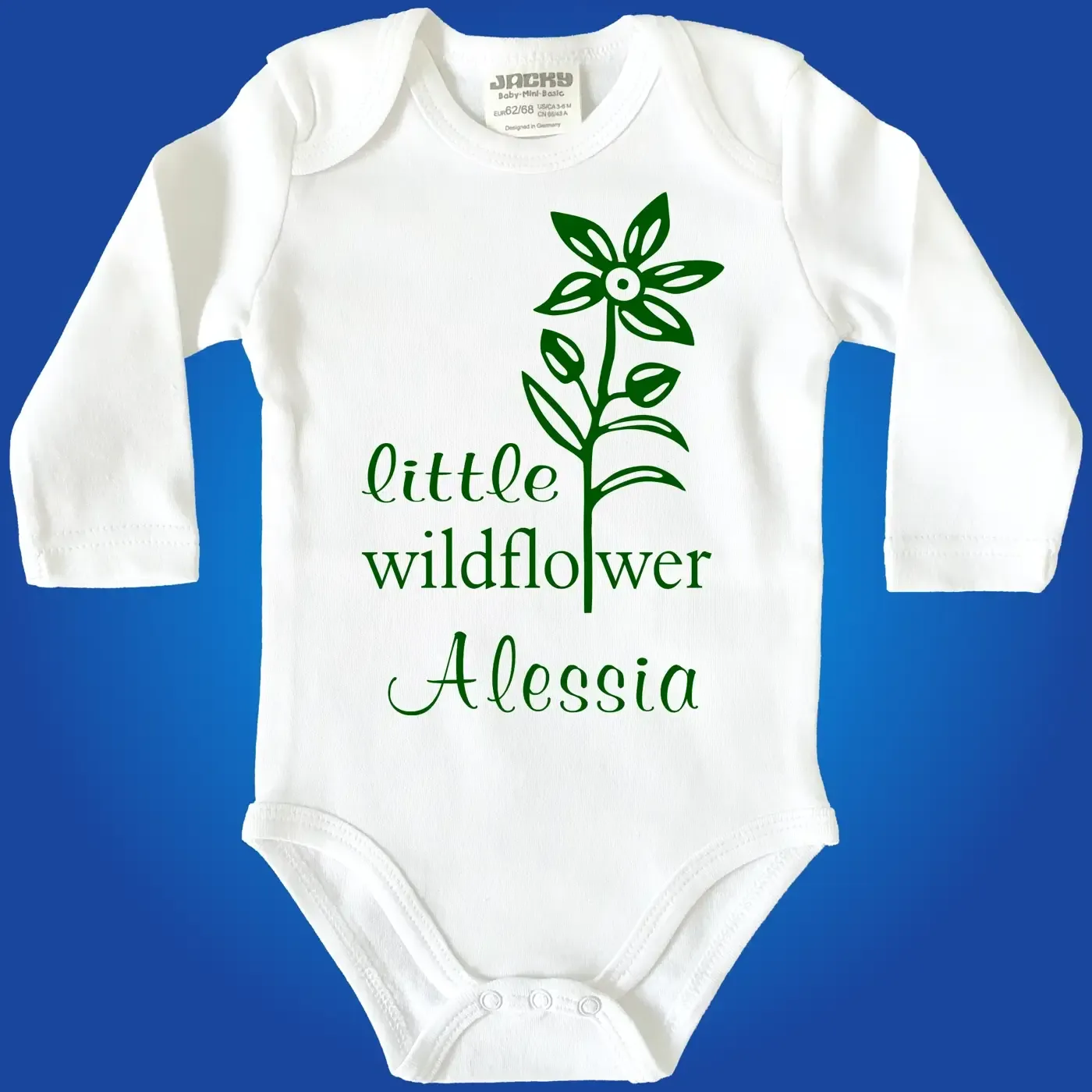 Personalisierter Baby‑Body mit Blumenmotiv und Name