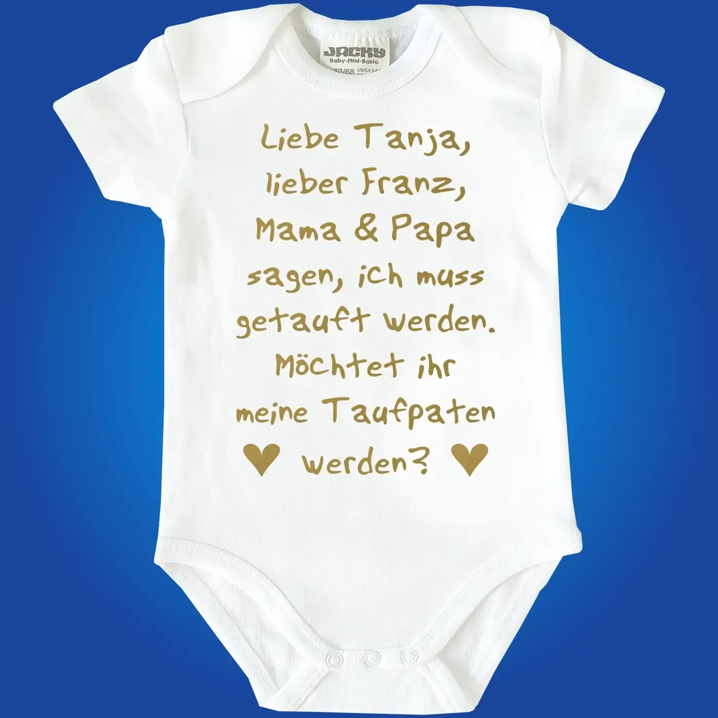 Baby‑Body mit personalisierter Bitte an die Patentante